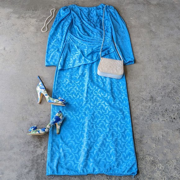 Vintage 1980s Union Made Blue Satin Jacquard Long Sleeve Maxi Dress - Picture 1 of 12